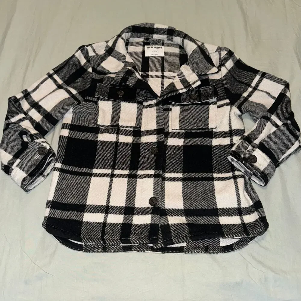 Old Navy Plaid Textured Shacket for Girls Size Large (10/12) Black & White